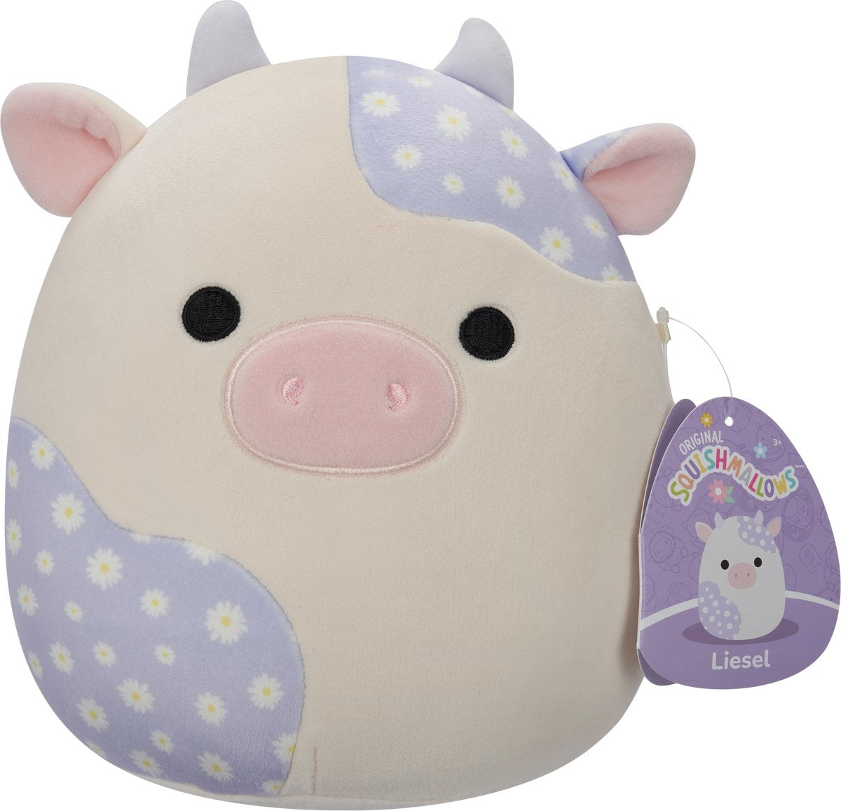Jazwares Squishmallows - little plush - liesel - cream and lavender floral print cow - 19cm plush