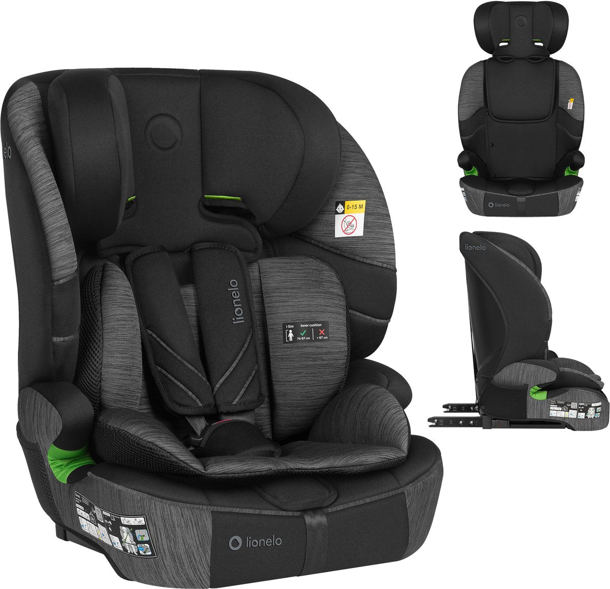 Lionelo autostoel met isofix – 1.5 tot 12 jaar (76-150 cm 9 - 36 kg groep 1 2 3) – nieuwste norm – groeit mee – breed zit- en rugdeel – 10-standen hoofdsteun – wasbare hoes – 5 punts gordel – autostoeltje voor baby, kind, peuter – levi fix i-size