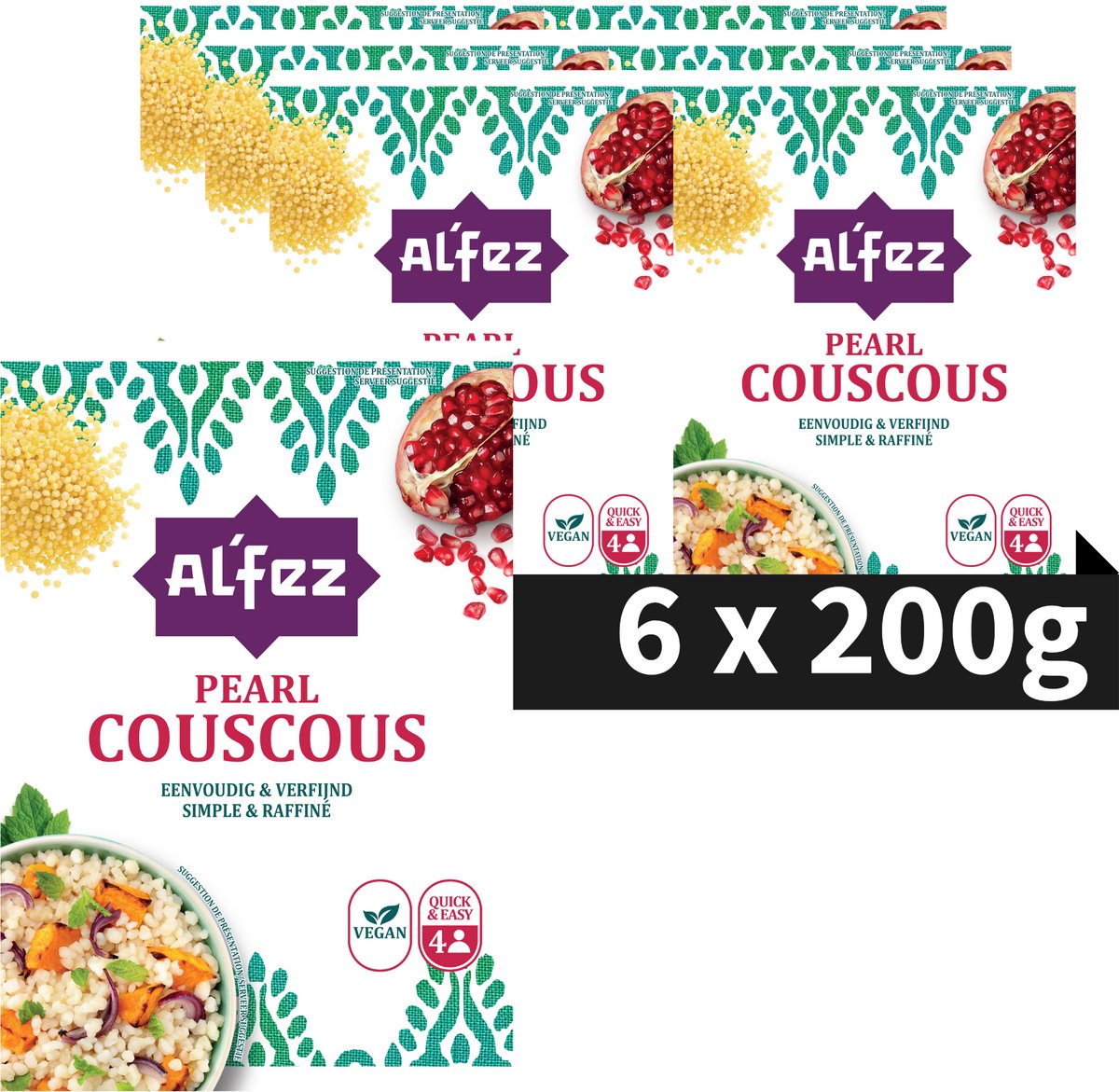 Al'Fez Al’fez parelcouscous - 6 x 200 gram - vegan couscous - wereldkeuken - voordeelverpakking
