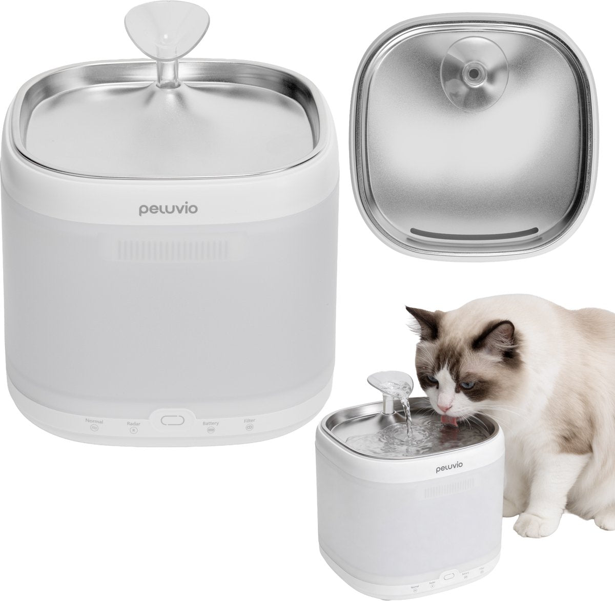 PELUVIO rillan – katten waterfontein met smart radar – 2 l reservoir – dubbel filtersysteem – usb-c batterij – stil, hygiënisch energiezuinig