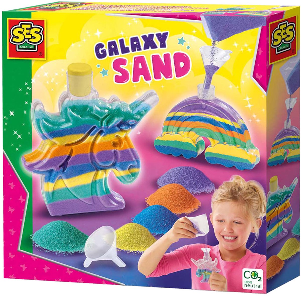 SES Creative - galaxy - zandkunst - knutselen meisje - unicorn en regenboog - 5 kleuren en 1 trechter - vanaf 5 jaar