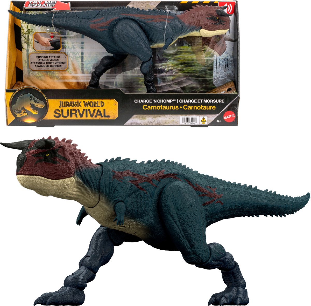 Mattel Jurassic world rennen en bijten carnotaurus rennende brullende dinosaurus-actiefiguur