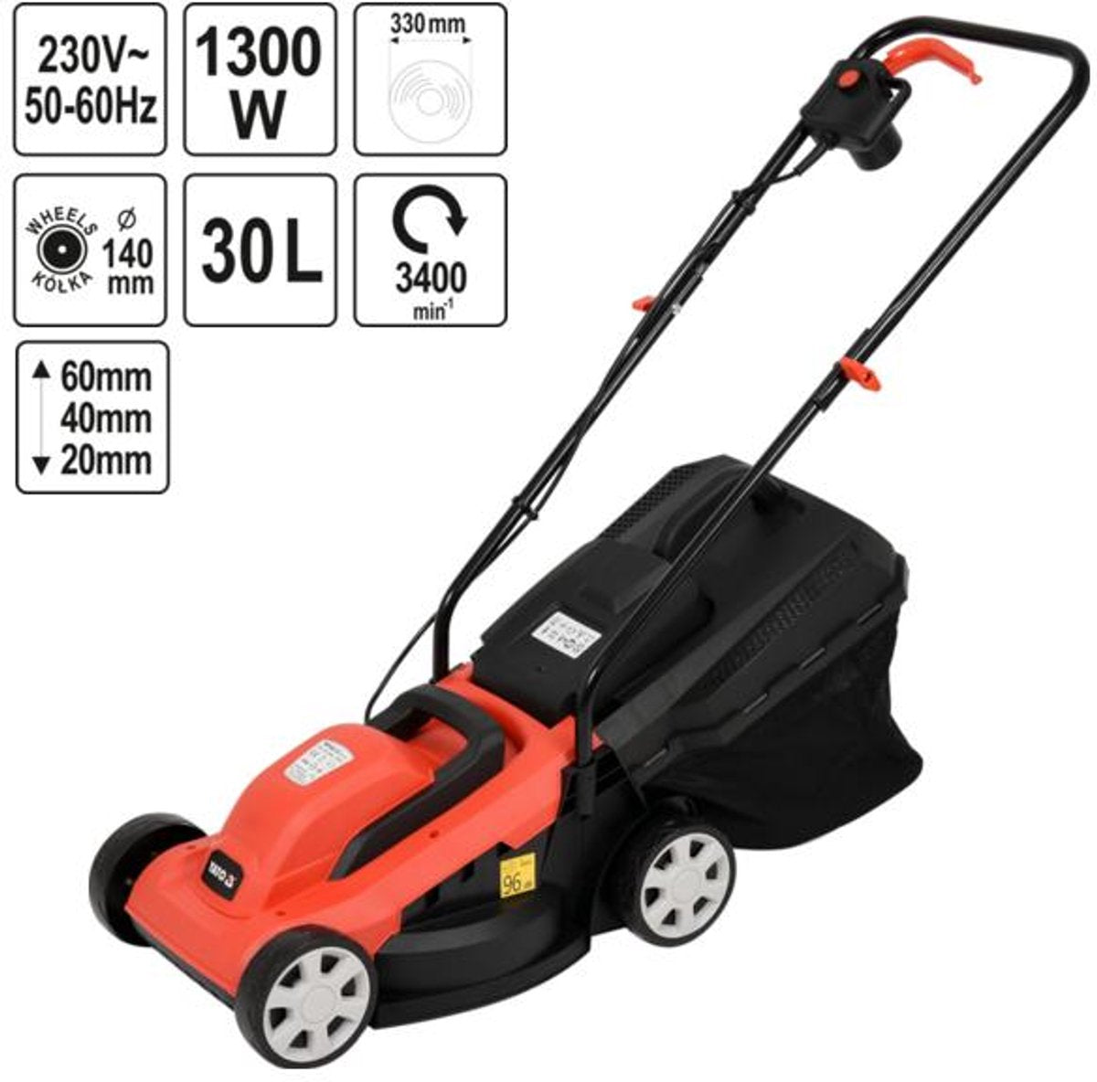 Yato elektrische grasmaaier 1300w - 33 cm - 30l - in hoogte verstelbaar