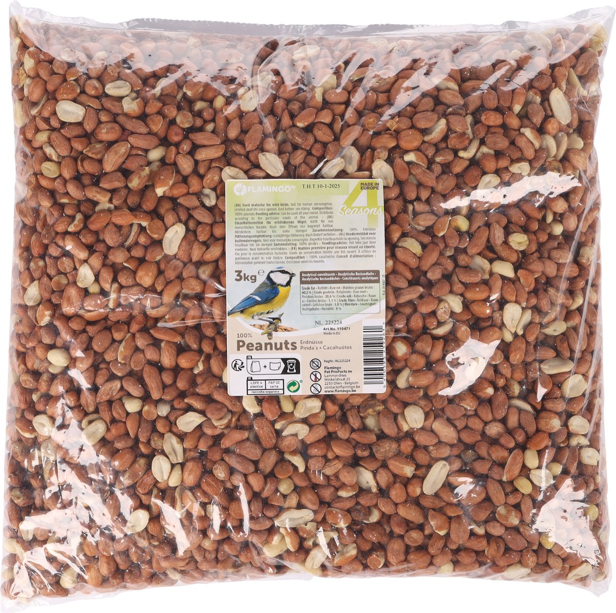 Flamingo Vogelvoer – four seasons gepelde pinda’s – 3 kg – energierijk voedzaam – voor buitenvogels