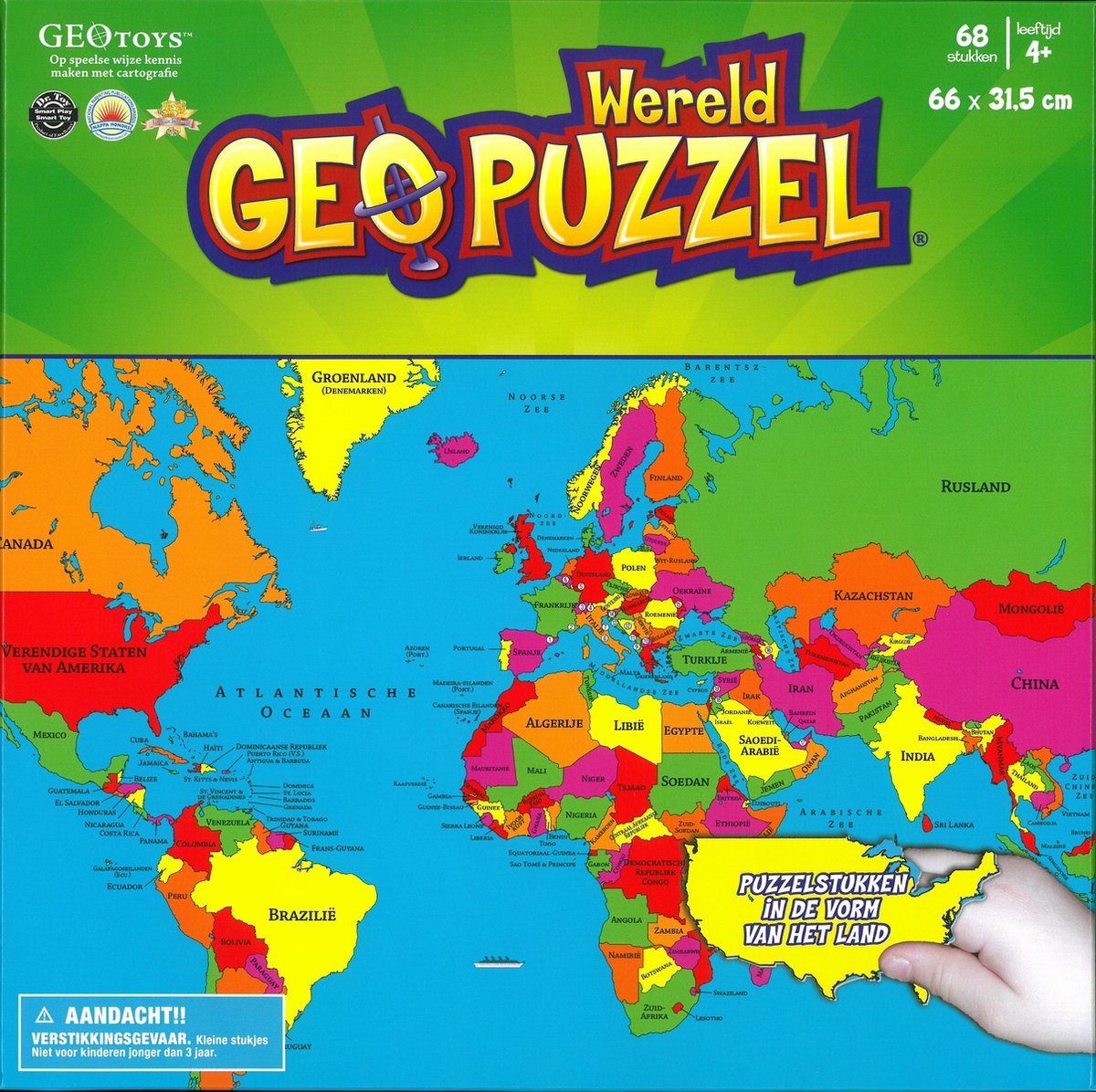 GEOtoys geopuzzel wereldkaart - educatieve puzzel van 68 stukjes - 4+ jaar