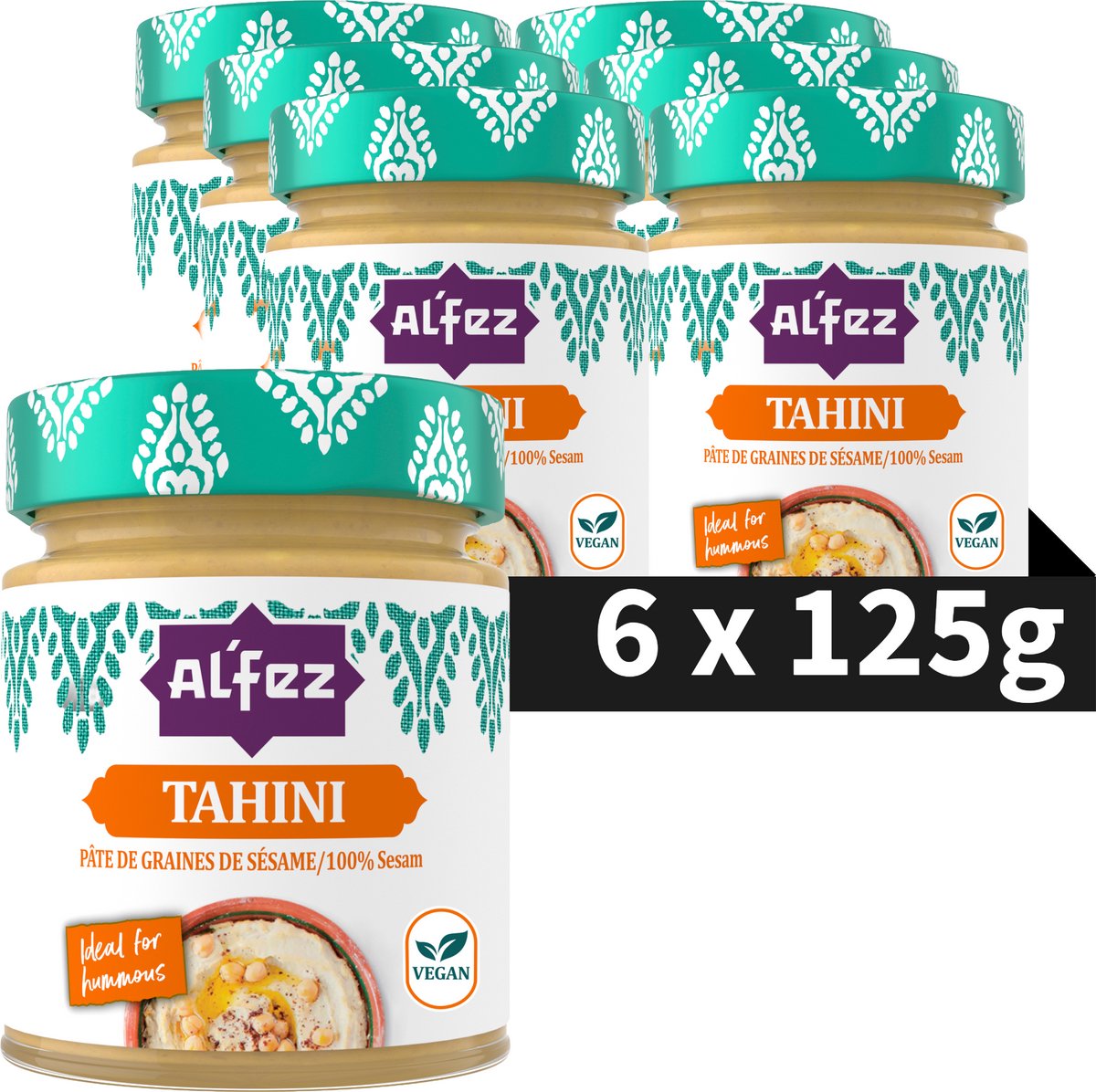 Al'Fez Al’fez naturel tahini sesampasta - 6 x 125 gram - 100% sesam - vegan - wereldkeuken - voordeelverpakking