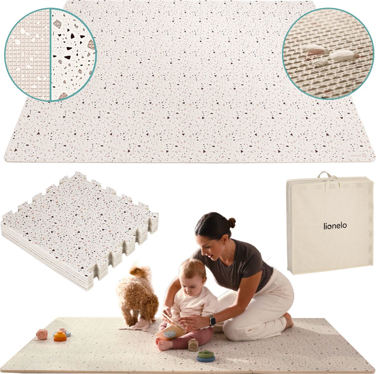 Lionelo Yoka speelmat baby – premium speelkleed foam – veilig zacht – dubbelzijdig vloerpuzzel – opvouwbaar + opbergtas – voor binnen buiten – speeltapijt – baby speelgoed 6 3 9 1 maanden – babygym play mat – cadeau vanaf 0 jaar mooie beige kraamcadeau