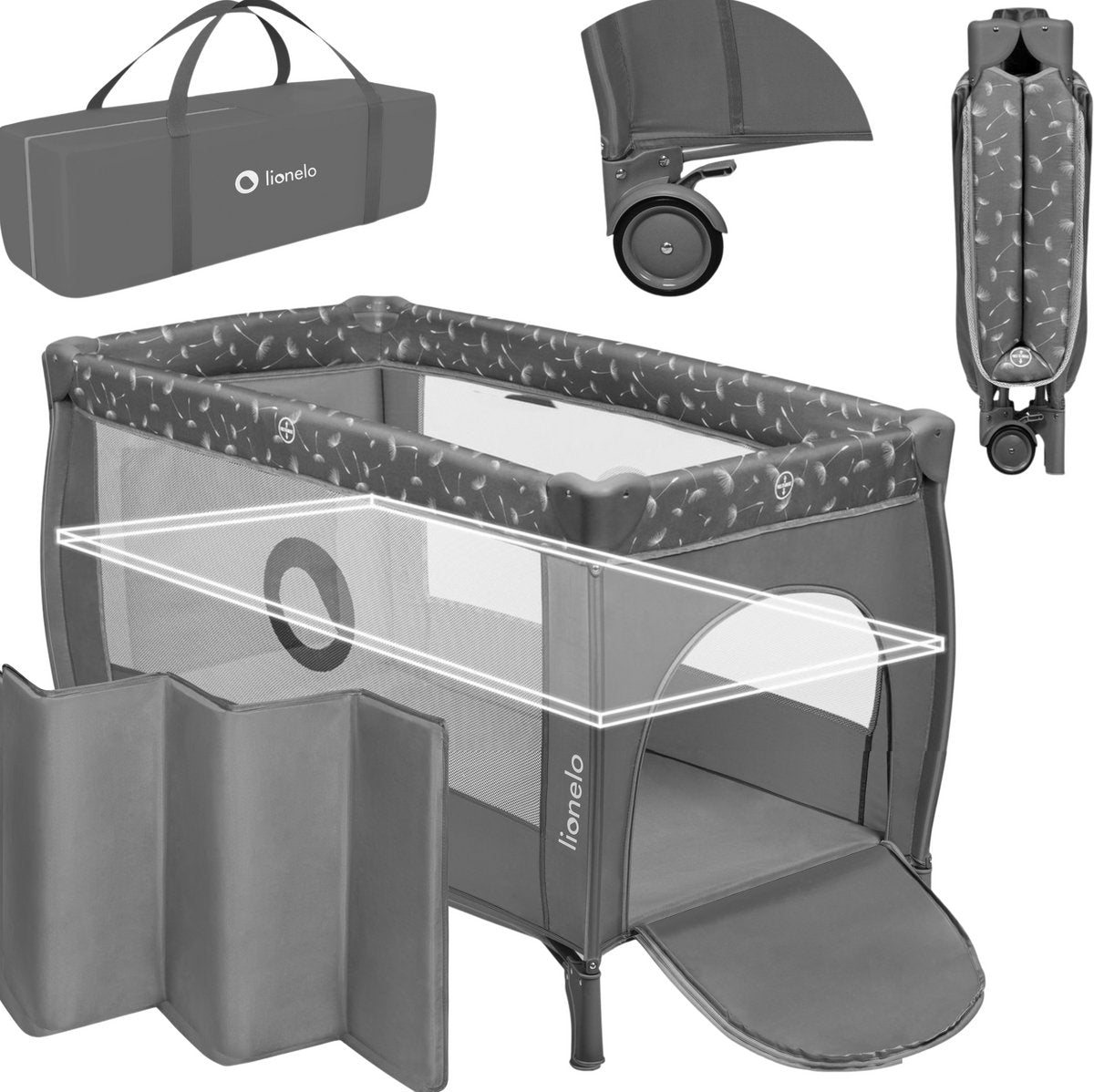 Lionelo Campingbedje 4 in 1 – baby bed inklapbare box reisbedje met bodemverhoger (rugvriendelijk ontwerp) – met comfort matras – 60x120 cm – 0-36 maanden tot 15 kg – zij-ingang – wielen – transporttas – babybed babybox ledikant – stefi plus