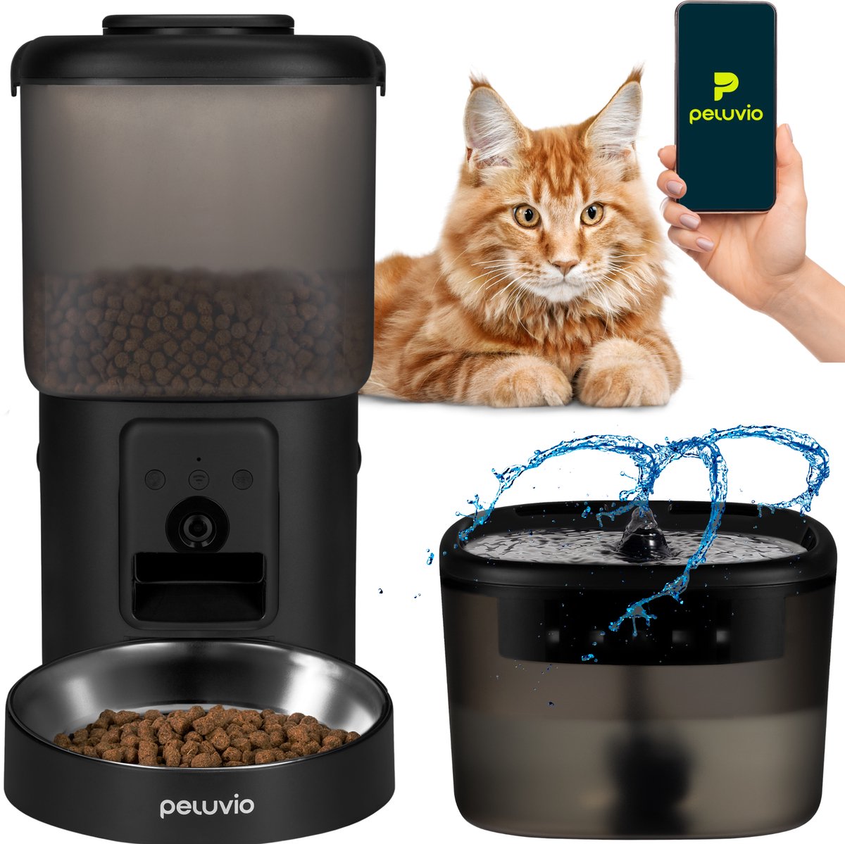 PELUVIO feast voerdispenser met camera drinkfontein – 4,5l automatische voerbak kat met app – 3mp night vision – 2,5l waterfontein met filters – wifi – 5 maaltijden per dag – rvs bak – noodvoeding op batterij