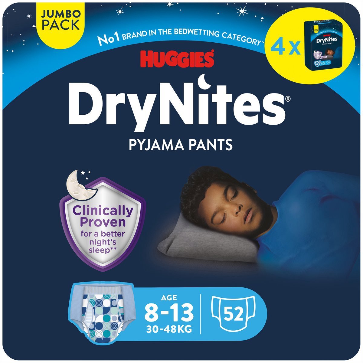 DryNites Huggies luierbroekjes - jongens - 8 tot 13 jaar (30 - 48 kg) - 52 nachtbroekjes - extra voordeel