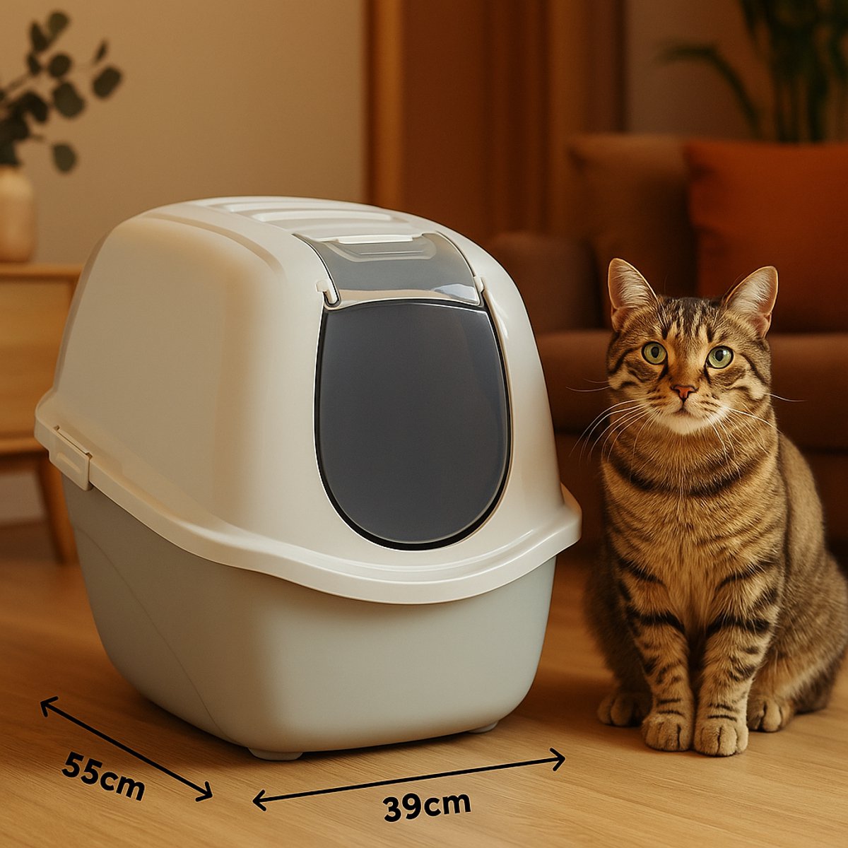 Flamingo Kattenbak – trini – taupe – maat l – 39x55x41 cm – katten toilet met deksel koolfilter – geurvrij recycleerbaar – gemaakt in europa