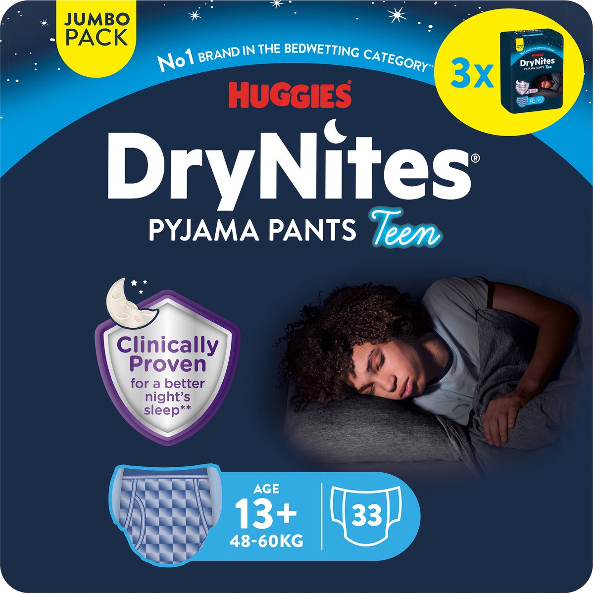 DryNites Huggies luierbroekjes - jongens - 13+ jaar (48 - 60 kg) - 33 nachtbroekjes - jumbo pack