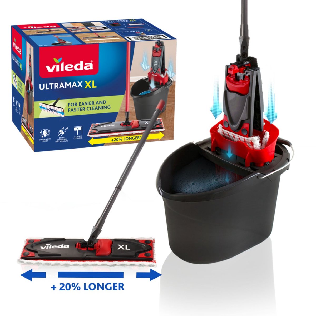 Vileda ultramax xl complete set met mop en emmer - mopset met emmer - 20% langere kop - voor alle harde vloeroppervlakken