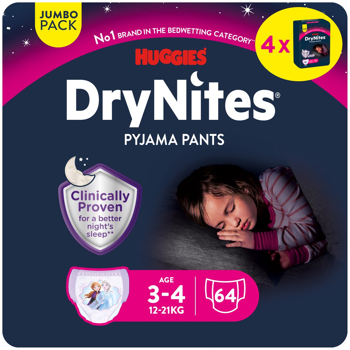 DryNites Huggies luierbroekjes - meisjes - 3 tot 4 jaar (12 - 21 kg) - 64 nachtbroekjes - extra voordeel
