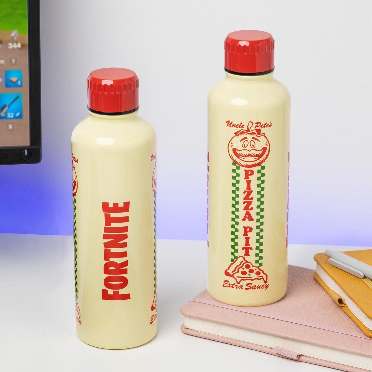 Paladone Fortnite pizza pit metal water bottle – officieel gelicentieerde roestvrijstalen drinkfles 500 ml met schroefdop-