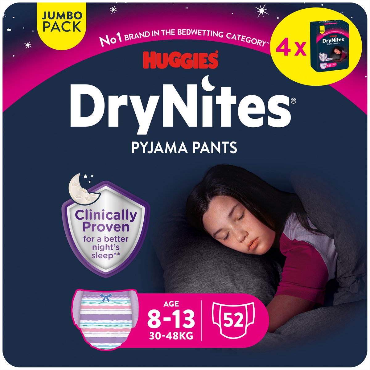 DryNites Huggies luierbroekjes - meisjes - 8 tot 13 jaar (30 - 48 kg) - 52 nachtbroekjes - extra voordeel