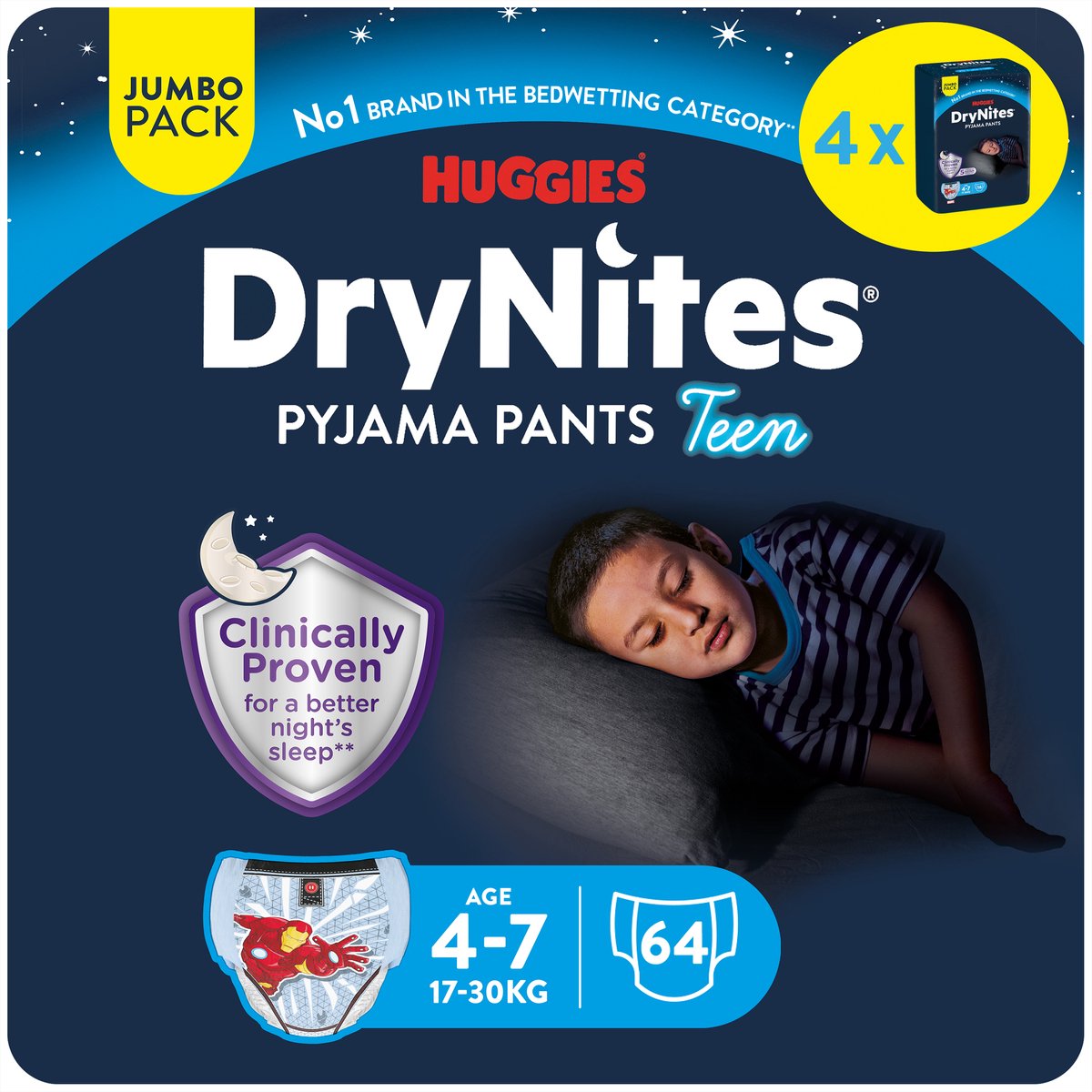 DryNites Huggies luierbroekjes - jongens - 4 tot 7 jaar (17 - 30 kg) - 64 nachtbroekjes - extra voordeel