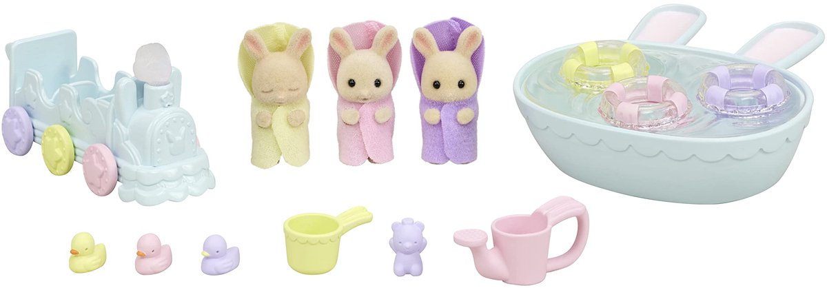 Sylvanian Families 5707 drieling baby creme konijn badspeelset- inclusief 3 fluweelzachte baby speelfiguren