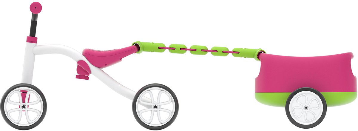 Chillafish loopfiets 1 jaar met aanhangwagen voor jongens en meisjes - vierwieler tot 3 jaar met opbergvak - roze - lichtgewicht loopauto - extra stabiel - stille anti slip banden voor binnen en buiten - model quadie trailer