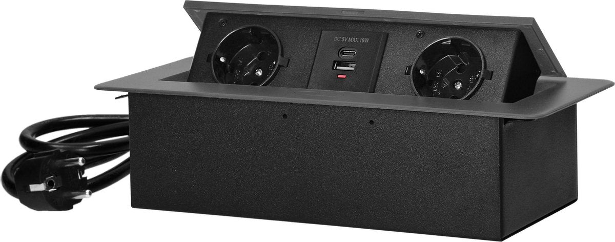 ORNO pop-up bureau stekkerdoos - stekkerblok met 2 stopcontacten - usb a c - inbouw verdeelstekker met 1.5 meter kabel - antraciet