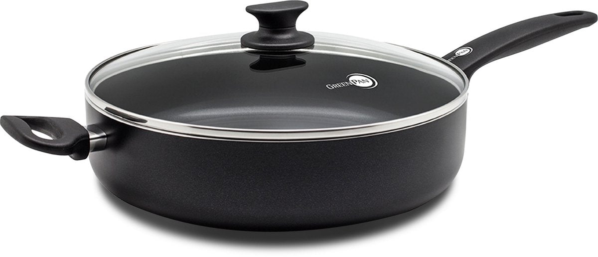 GreenPan cambridge hapjespan 28cm met deksel - 4.2l - pfas-vrije antikleeflaag – hapjespan inductie - keramische pan – ovenbestendig tot 160°c – koudgrepen - met glazen deksel - zwart