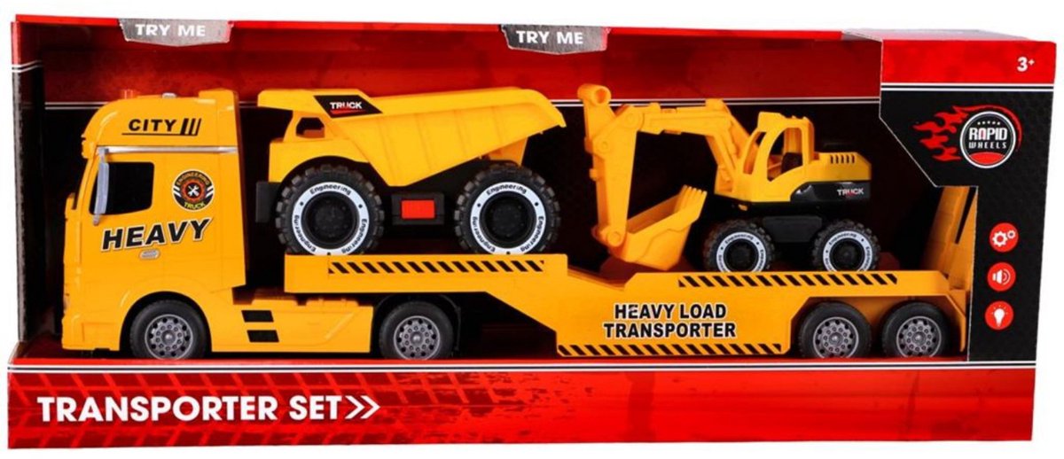 Rapid Wheels autotransporter + 2 bouwvoertuigen + licht en geluid