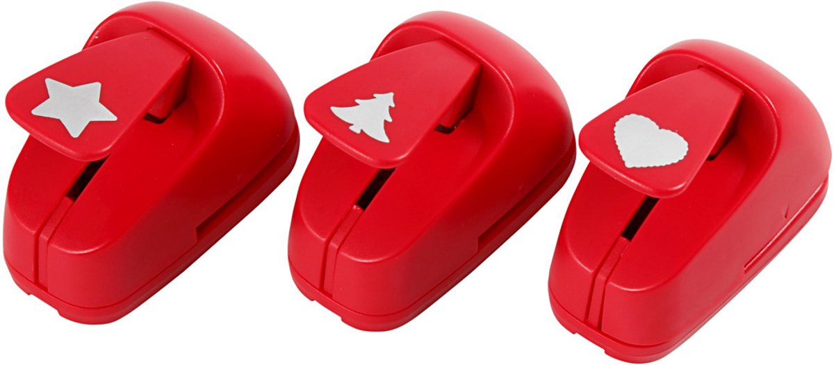 Creativ Company Ponsen - rood - ster, hart, kerstboom - ponsen papier en dun karton - 16mm - set van 3 - 1 set