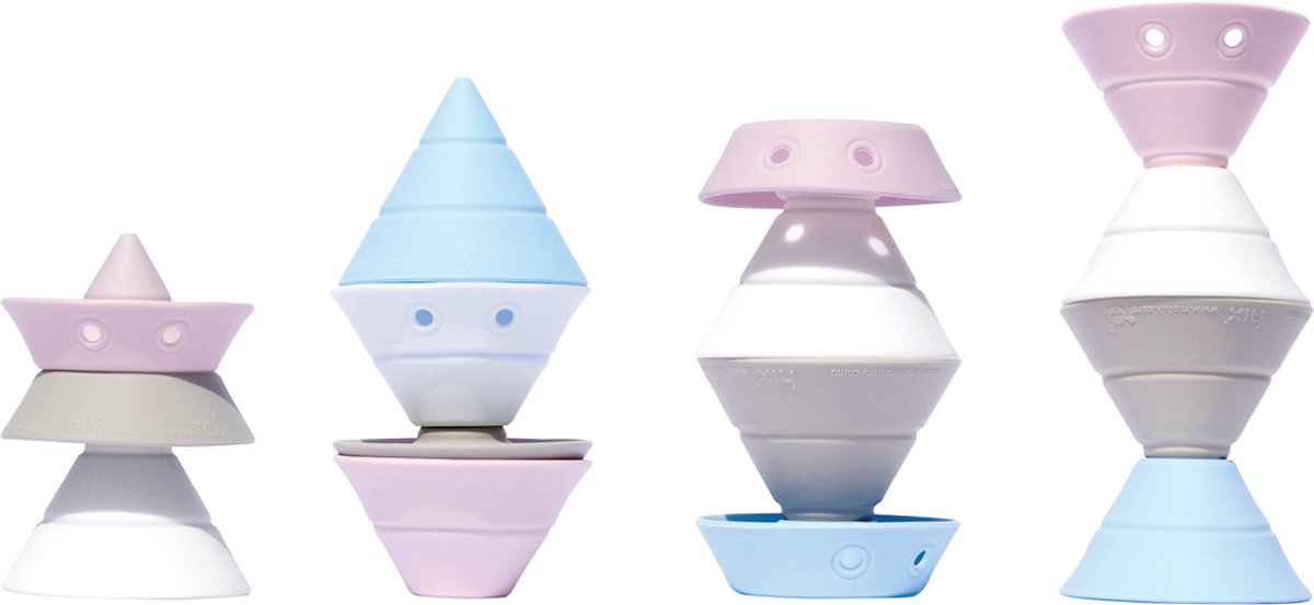 Moluk Hix - pastel kleuren, 4 omvormbare bouwkegels in elastische siliconen rubber, in doos 8.2x8.2x14.3cm, 2+