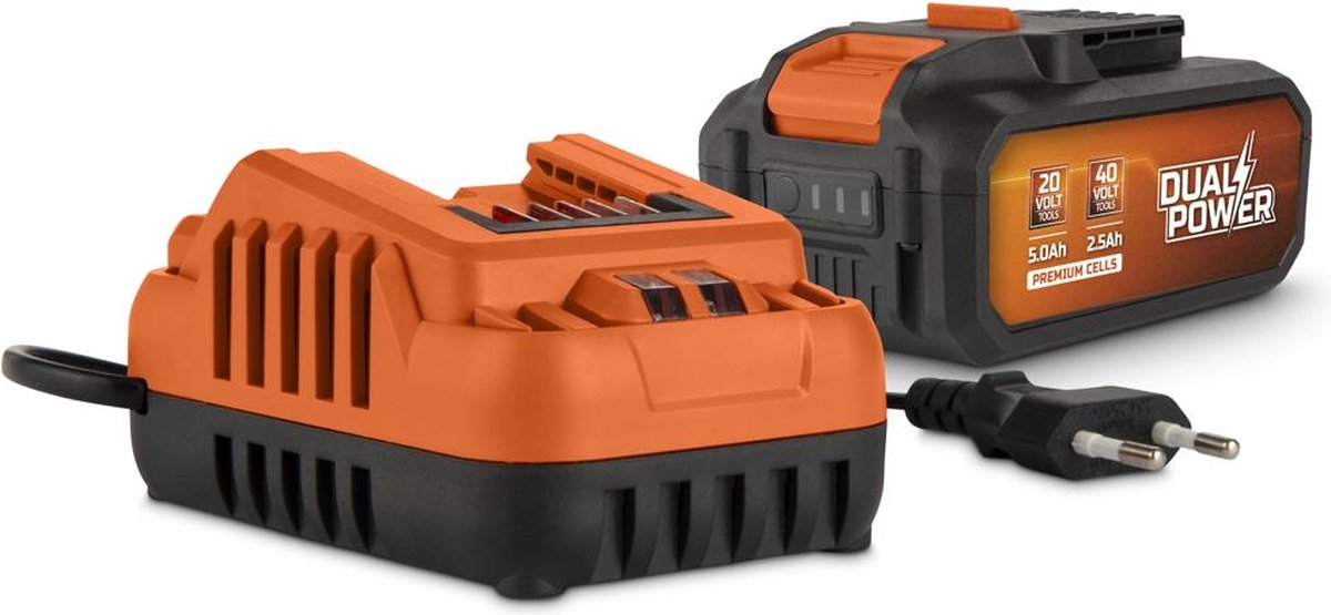 Powerplus Dual power batterij lader set powdp90640 - 2x20v, 5.0ah, 2.5ah batterij - voor 20v 40v toestellen - 2a lader - voor 20v 2x20v accu's - batterijplatform