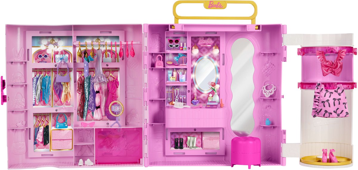 Barbie kledingkast met spin style functie - kaptafel, poef, 4 outfits, meer dan 20 onderdelen en draagbare opbergruimte