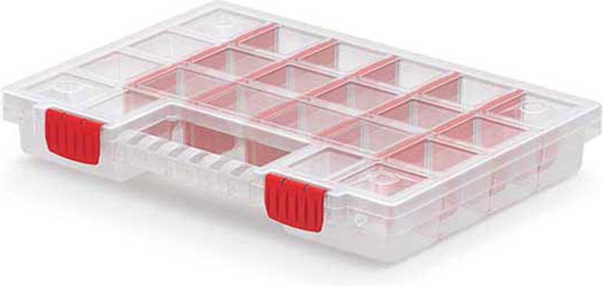 KISTENBERG sorteerbox vakjes koffer - spijkers schroeven kleine spullen - 20 vaks - kunststof - transparant - 34 x 25 x 5 cm