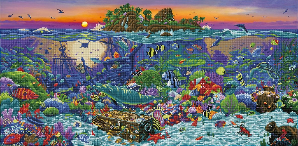 DIAMOND DOTZ® Diamond painting volwassenen - ronde steentjes - volledig pakket - hobby - - dd18.001 - dieren - kleurrijk koraalrif met eiland 132 x 65cm