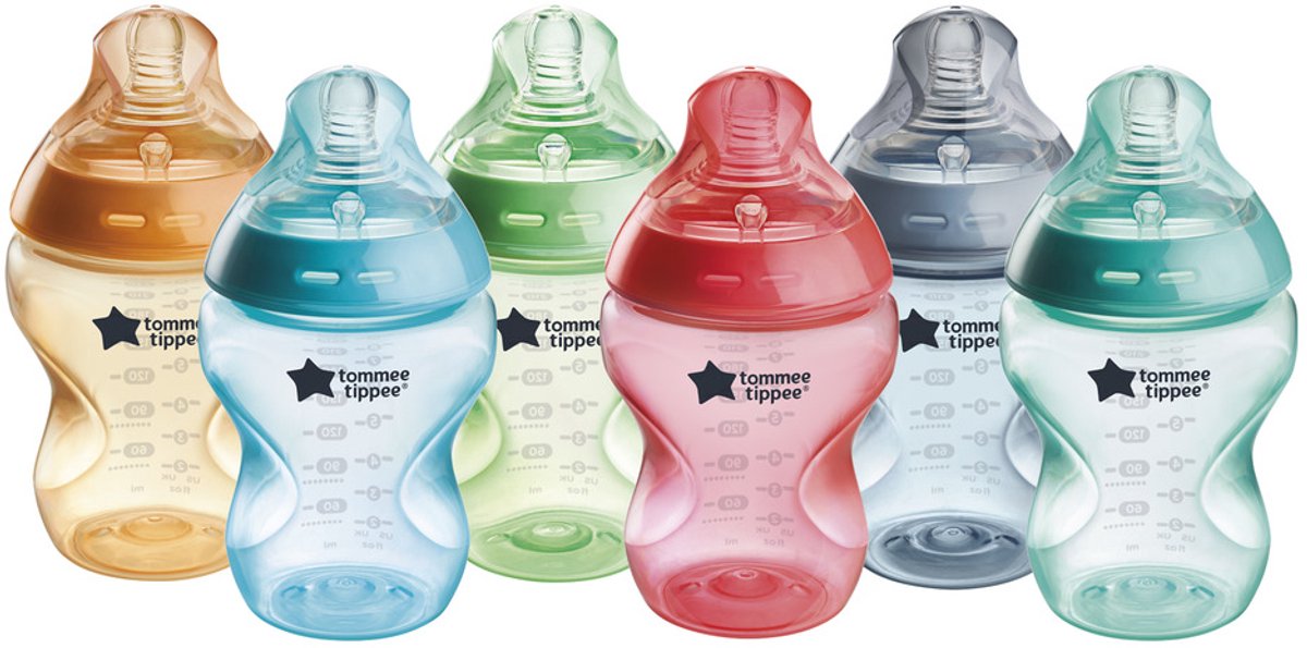 Tommee Tippee natural start babyflessen, set van 6 x 260ml baby flessen - lage toevoersnelheid 0m+ - kleurrijk