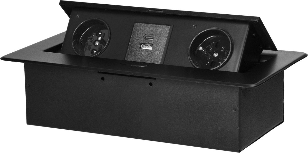 ORNO Stekkerdoos met usb - pop up stekkerblok met 2 stopcontacten en usb-a usb-c - inbouw verdeelstekker met rvs afwerking - verdeelstekker zonder kabel - voor max. 3680 watt - penaarde - zwart