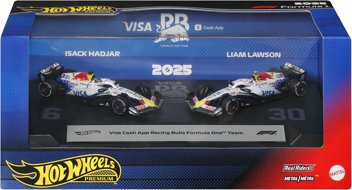 Hot Wheels premium formula 1 set van 2 - visa cash app racing bulls formula 1 team met lawson en hadjar