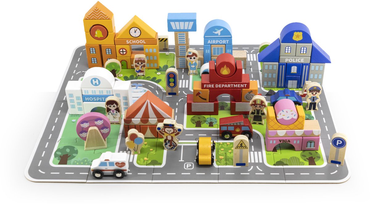 Vigatoys Viga toys® houten set stad bouwstenen board beeldjes