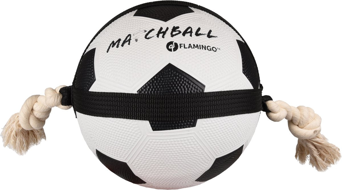 Flamingo Hondenspeelgoed – matchball voetbal met touw – hondenspeelgoed – hondentouw – hond bal – honden bal – 22 cm – wit zwart