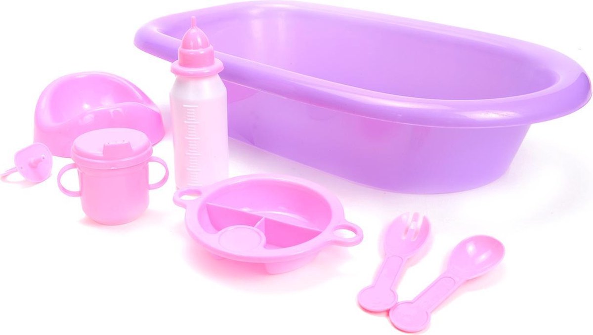 Johntoy Poppenbadje rose met 8 accessoires.
