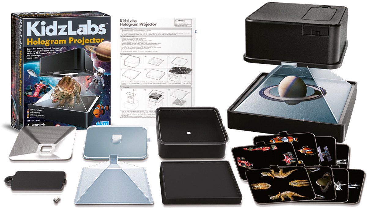 4M wetenschap en spel - maak een 3d-hologram projector - 8 sjablonen - bouwpakket - kidzlabs - 8+
