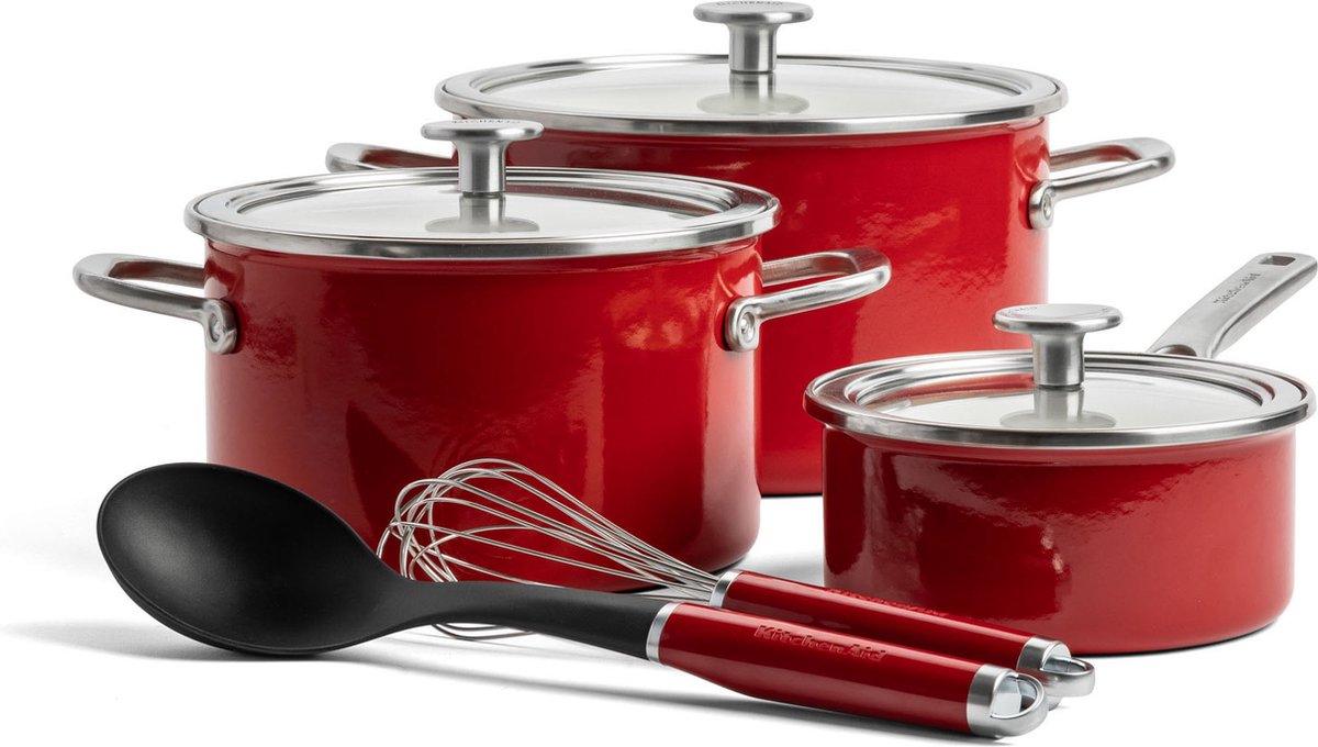 KitchenAid steel core enamel pannenset 5-delig - keizerrood - inductie - pfas-vrij