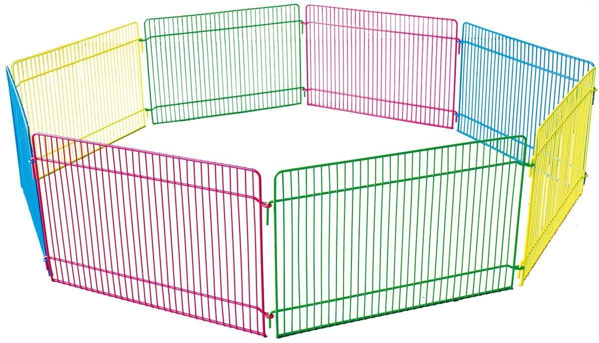 Flamingo Konijnenren – knaagdierren – ren meerkleurig – ø84,5cm hoogte 23cm – 8 panelen – metaal – 1 deur met haaksluiting – opvouwbaar – voor kleine knaagdieren – binnen en buiten