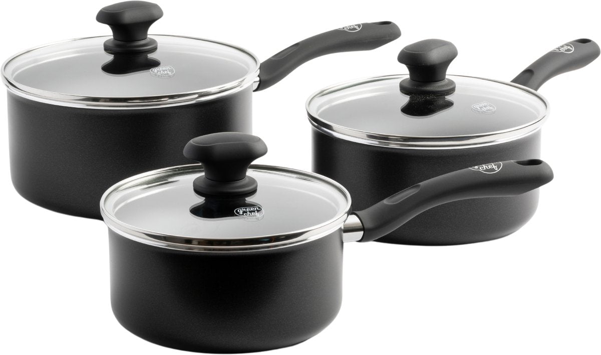 GreenChef diamond steelpannenset 3-delig - 16 18 20cm - 1.5 2.1 2.3l - pfas-vrije antikleeflaag - pannenset inductie - keramische pan - ovenbestendig tot 160°c - koelgreep - met glazen deksel - zwart