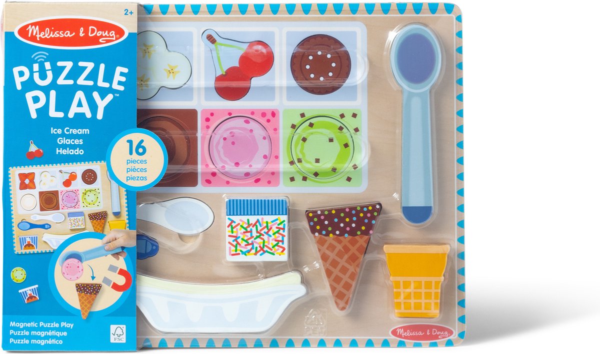 Melissa Doug - houten magnetische puzzelspeelset met ijsjesthema, 16 magnetische speelstukjes met ijsschep, houten speeleten voor jongens en meisjes vanaf 2 jaar