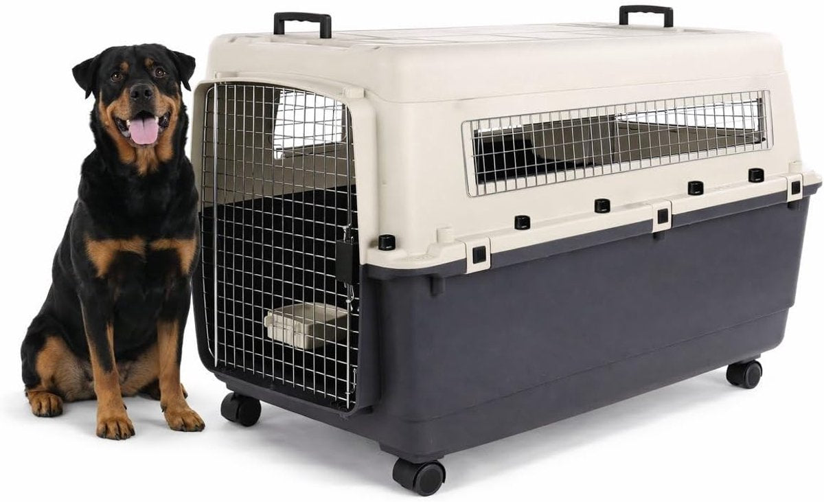 Flamingo Reisbench hond – autobench – transportbox hond – fomad donkergrijs xxl (70x100x69,5 cm) – kunststof – met metalen deur veiligheidsslot – inclusief eet- en drinkpot wielen –