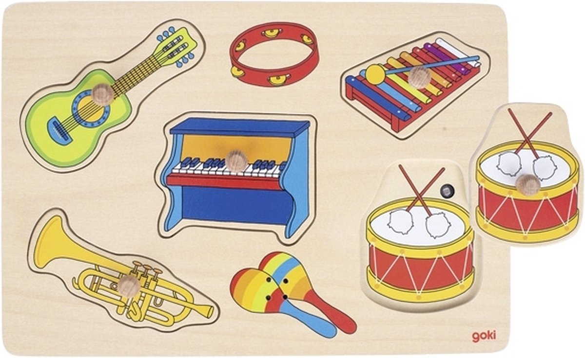 Goki Steekpuzzel met geluid: muziekinstrumenten 30x21x3,4cm, met geluid instrumenten, 5-delig, hout, batterijen inbegrepen 2xaaa, 1+