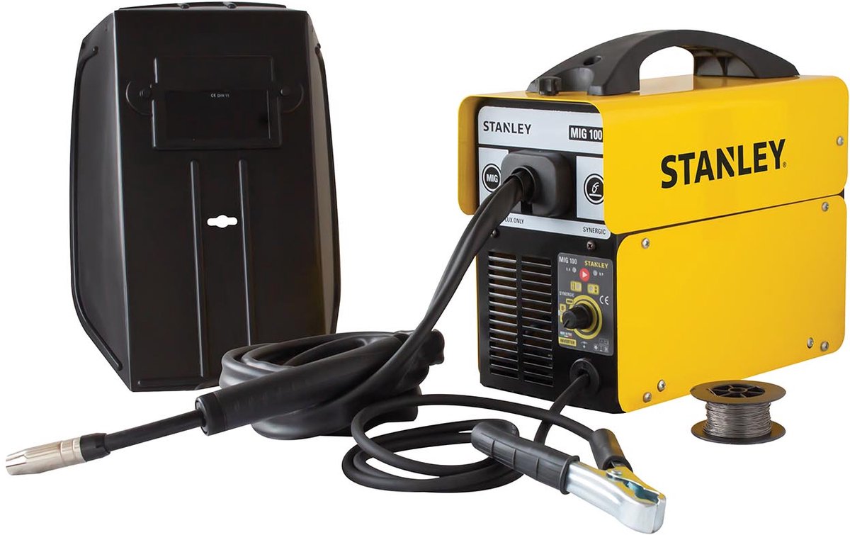 STANLEY inverter lasapparaat mig 100 230v zonder gas, gevulde draad 0.8-0.9 mm, synergie functie voor spatarm lassen, 60% duty cycle bij 100a, lichtgewicht 5 kg, energiezuinig en gebruiksvriendelijk