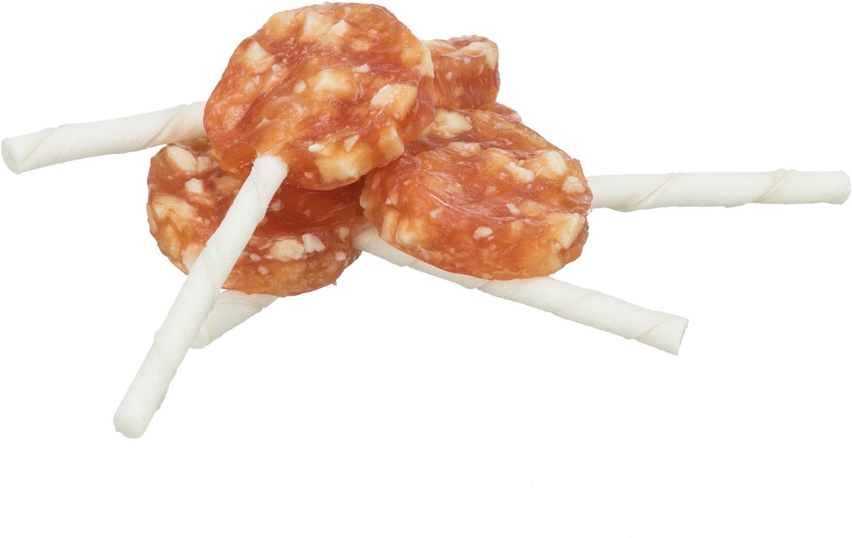 Trixie Hondensnack denta fun - lolly 10 cm kip kaas - 50 stuks, glutenvrij, suikervrij