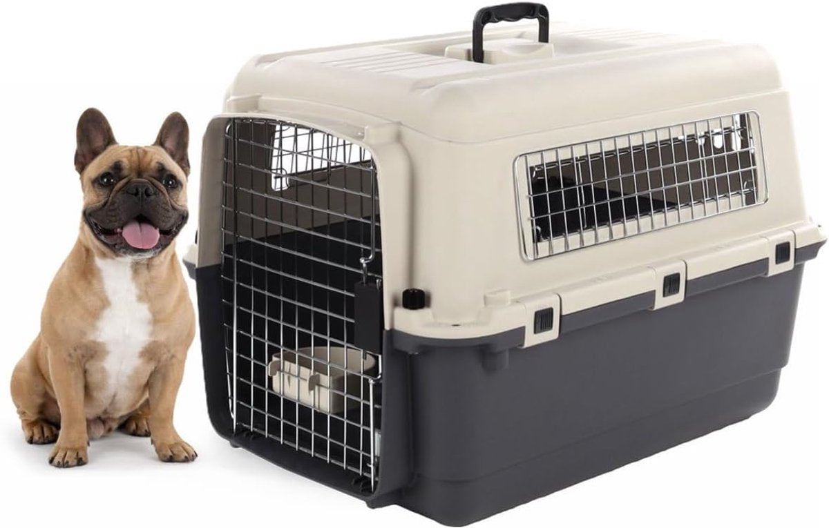 Flamingo Reisbench hond – autobench – transportbox hond – fomad donkergrijs m (53x67x47 cm) – kunststof – met metalen deur veiligheidsslot – inclusief eet- en drinkpot –