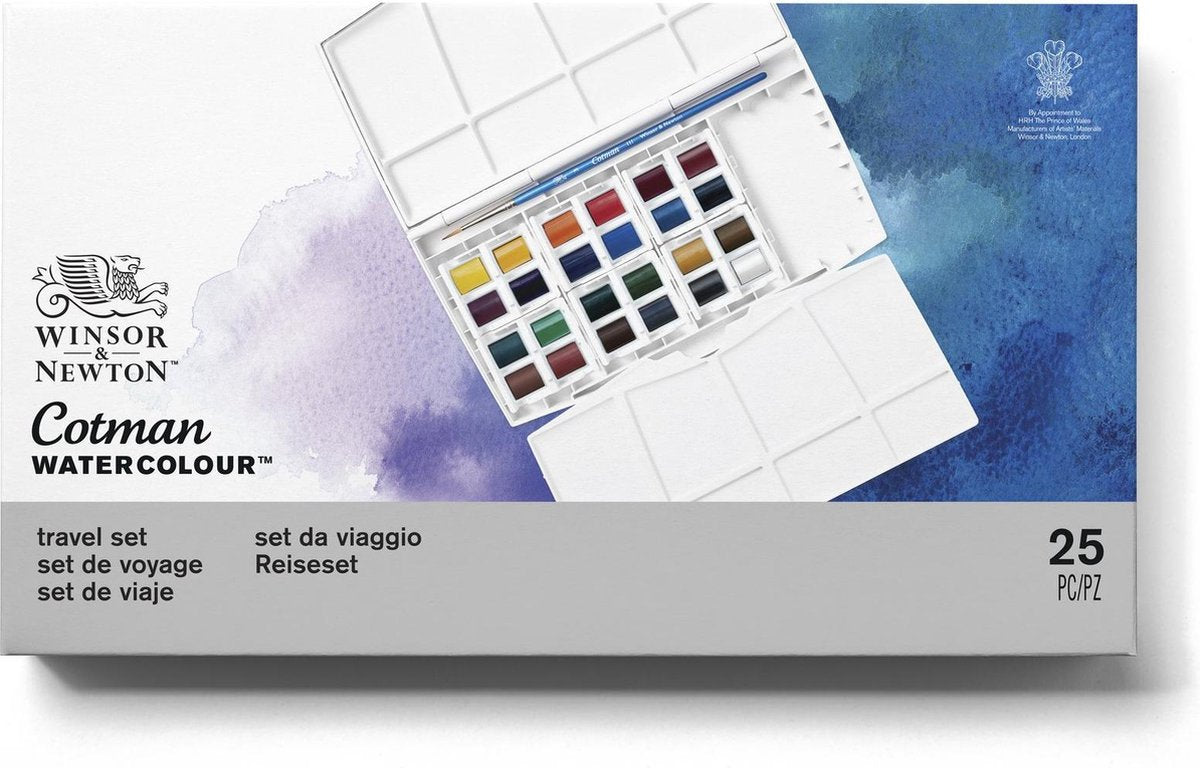 Winsor Newton 0390376 cotman aquarelverf set – travel set – 24 halve napjes – complete waterverf set met penseel mengpaletten
