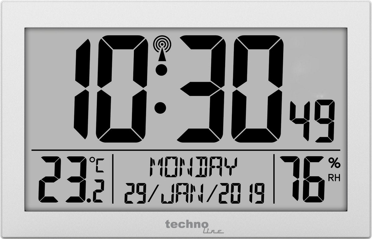 Technoline ws8016 - wandklok - digitaal - radiogestuurde tijdsaanduiding - dag- en datumaanduiding - thermometer - hygrometer - grote cijfers - dementie klok